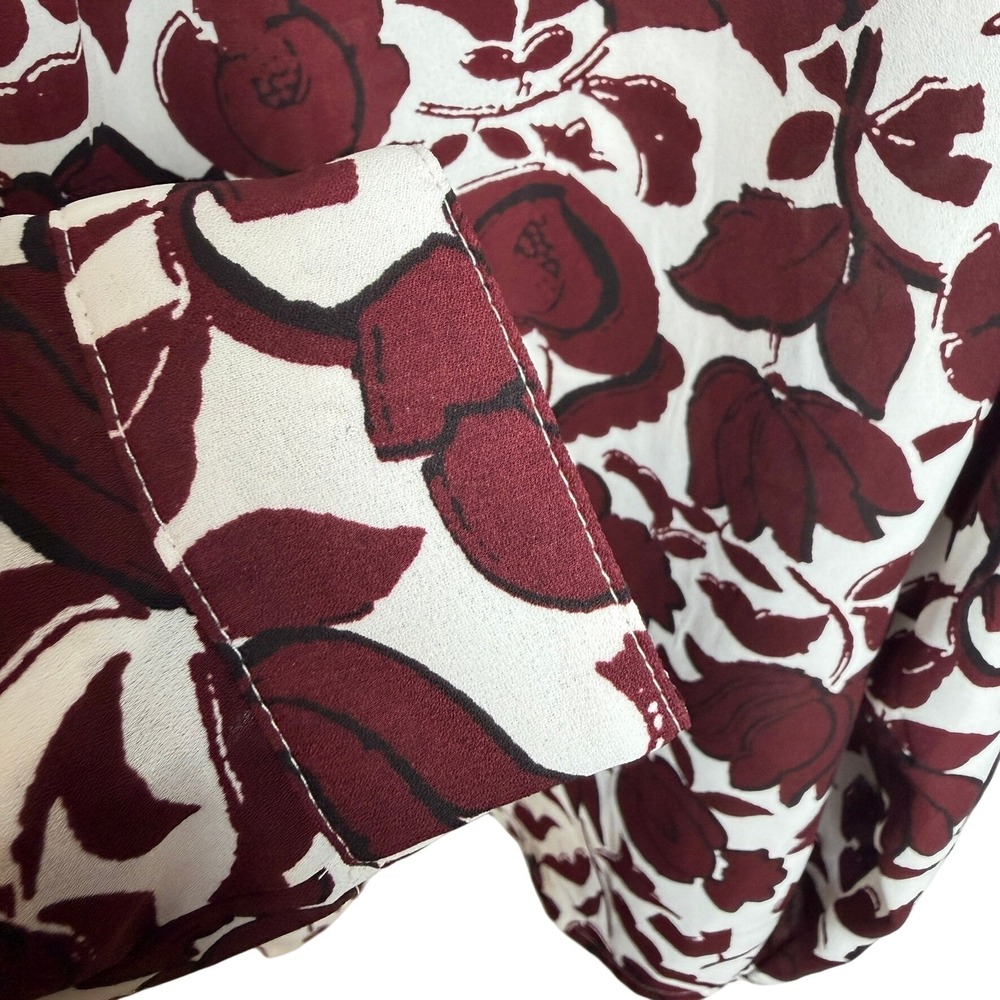 LOFT Office Blouse M Burgundy Ivory Floral Pomegranate Button Down Bold Travel‎ - Picture 5 of 8